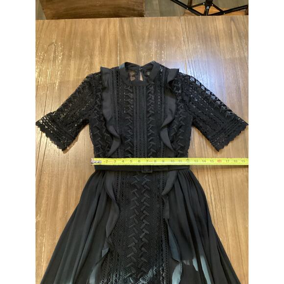 Self Portrait Geometric Black Lace Midi Dress short sleeve ruffle accents 2 - Picture 2 of 12